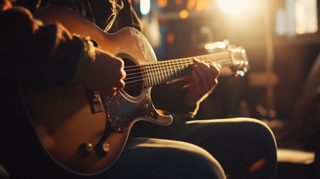 Guitarist playing acoustic guitar. Close up of a man playing the guitar.の写真素材