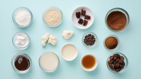 Baking ingredients and products in bowls on blue background, top viewの写真素材