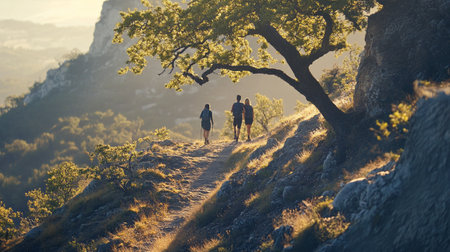 Couple walking on a trail in the mountains at sunset. Couple hiking in nature.の写真素材