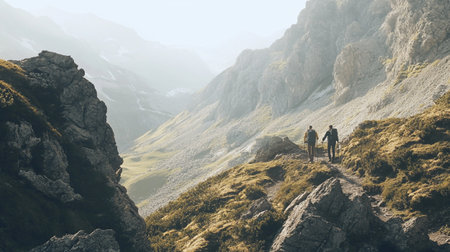 Couple of hikers in the mountains. Travel and adventure concept.の写真素材