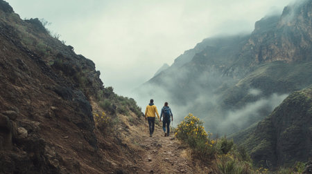 Couple walking on a mountain trail in the fog, Tenerifeの写真素材