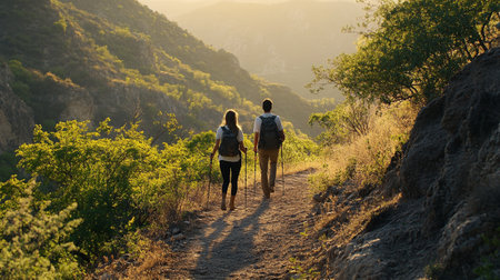 Young couple hiking in the mountains at sunset. Back view of a man and a woman with backpacks walking along the pathの写真素材