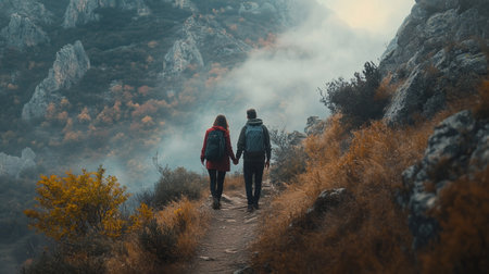 Couple walking on a mountain trail in autumn. Traveling with a backpack.の写真素材