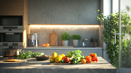 Modern kitchen interior with fresh vegetables. Mock up, 3D Renderingの写真素材