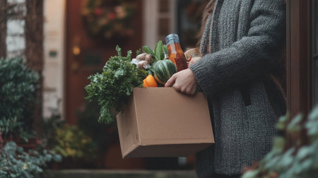 Woman holding a box of groceries in her hands. Delivery concept.の写真素材