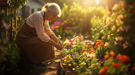 Elderly woman gardening in her flower garden at sunset time.の写真素材
