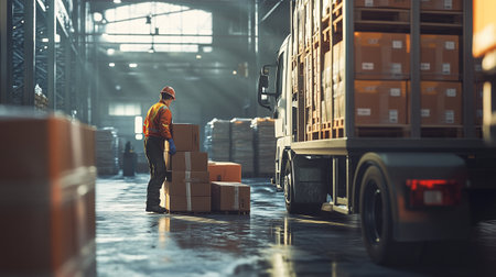 Warehouse worker loading boxes in warehouse. This is a freight transportation and distribution warehouse. Industrial and industrial workers conceptの写真素材