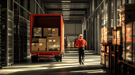 Warehouse worker in front of a red truck with boxes. 3d renderingの写真素材