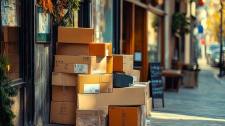 Carton boxes on the street in Paris, France. Shallow depth of field.の写真素材