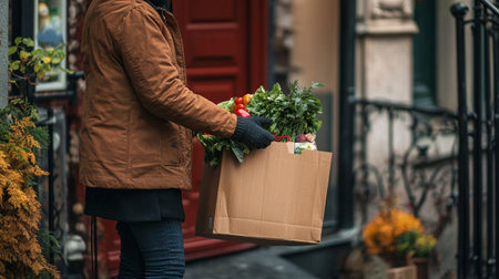 Cropped view of woman holding grocery bag with fresh vegetables on streetの写真素材