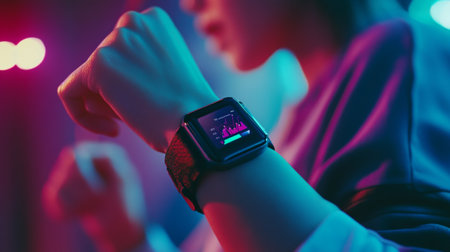Closeup of woman using smartwatch in fitness studio. Sport and technology conceptの写真素材