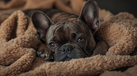Cute french bulldog lying on a blanket, close-upの写真素材