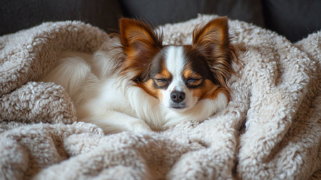 Papillon dog lying on the bed. Close-up.の写真素材