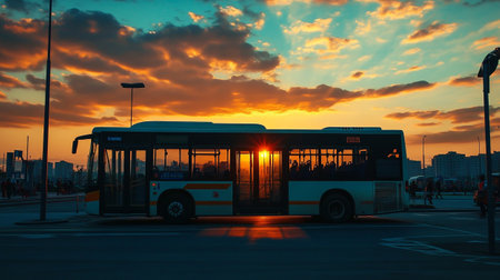 Bus in the city at sunset, Moscow, Russia. The photo was taken in Moscow.の写真素材