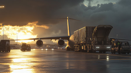 Airport terminal with cargo plane at sunset. 3D rendering.の写真素材
