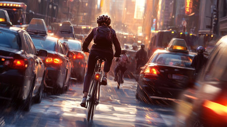 Cyclist on the road at rush hour in New York Cityの写真素材