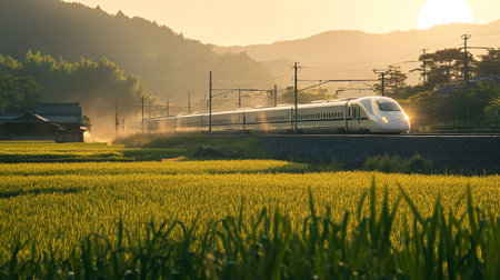 Shinkansen bullet train passing through the rice field.の写真素材