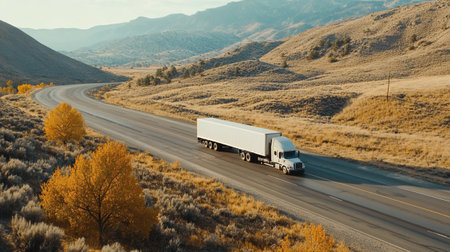 Truck on the road in the autumn mountains. 3d renderingの写真素材