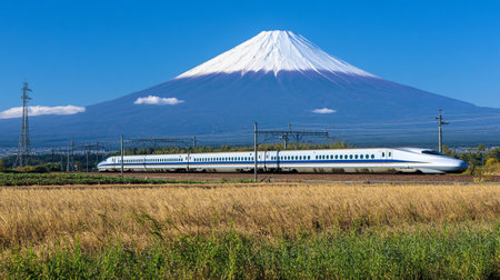 Kawaguchiko train and Mt Fuji in Kawaguchiko, Japanの写真素材