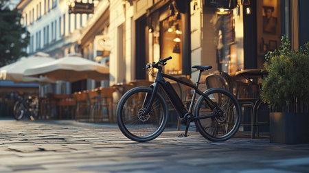 Bicycle parked in the city at sunset. 3d rendering.の写真素材