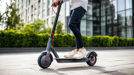 Close-up of a young man riding an electric scooter in the cityの写真素材