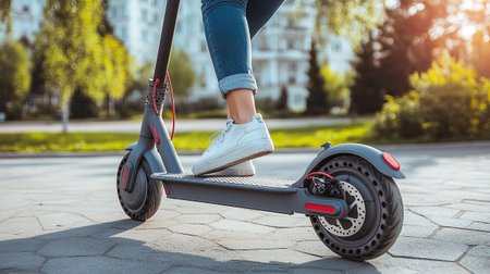 Close-up of woman's legs riding electric scooter in the parkの写真素材