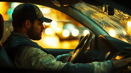Side view of a young man driving a car in the night.の素材
