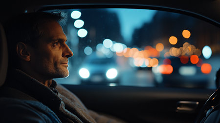 Handsome middle-aged man driving a car at night.の素材