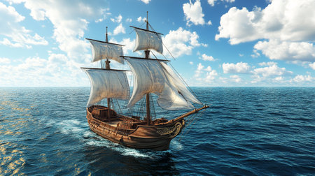 Sailing ship in the sea. 3D render. Computer digital drawing.の写真素材