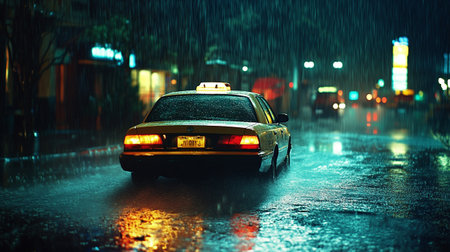 Taxi in the rain on the street at night. Shallow depth of fieldの写真素材