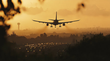 Airplane landing in the city at sunset. Airplane take offの写真素材