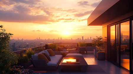 Luxury terrace overlooking the city at sunset. 3d renderingの写真素材