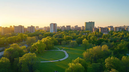 Panoramic view of the city park at sunset, Moscow, Russiaの写真素材