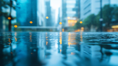 abstract blurred background of city street with reflection in water, bokehの写真素材