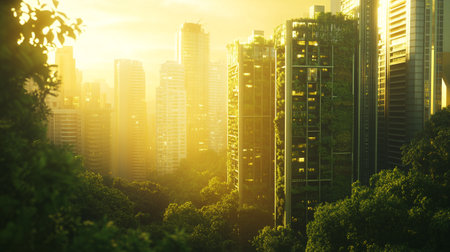 Sunset over skyscrapers and green trees in the city.の写真素材