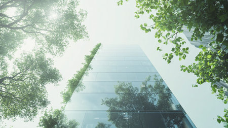 Low angle view of modern skyscrapers and green trees in cityの写真素材