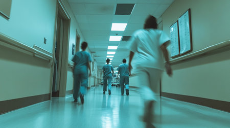 Motion blur of a hospital corridor with a group of doctors and nursesの写真素材