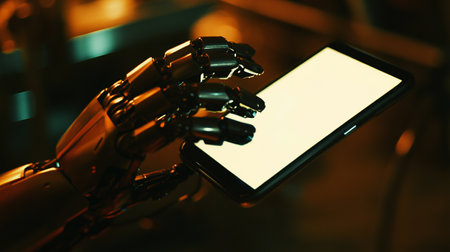 Robot hand holding smartphone with blank screen. 3d rendering.の写真素材