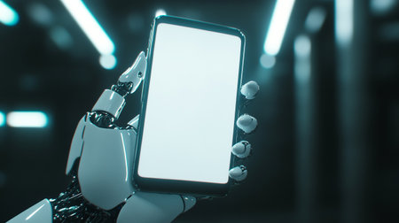 Robot hand holding smartphone with blank white screen. 3d renderingの写真素材