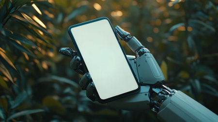 Robot hand holding smartphone with blank screen in nature. 3d renderingの写真素材