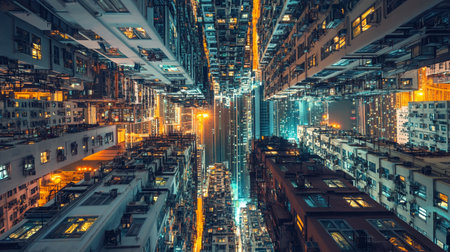 Aerial view of skyscrapers in Hong Kong at night.の写真素材