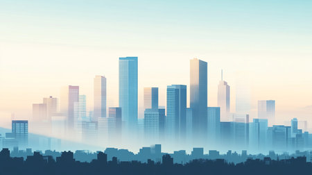 Cityscape with skyscrapers in foggy morning. Vector illustration.の写真素材