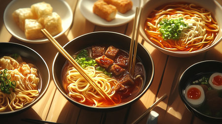 Bowls with tasty Asian noodles on wooden table, closeupの写真素材