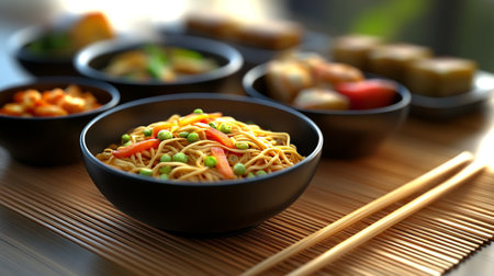 Bowls with tasty noodles and vegetables on bamboo mat, closeupの写真素材