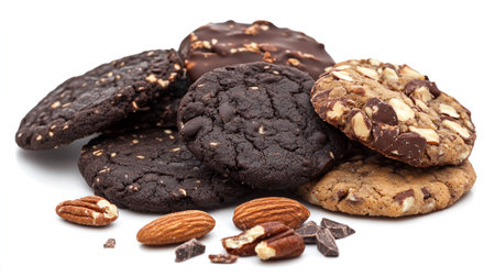 Chocolate cookies with nuts isolated on white background. Close up.の写真素材