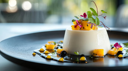 Panna cotta with mango and mint on black plate in restaurantの写真素材