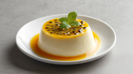 Passion fruit custard pudding on white plate, closeup viewの写真素材