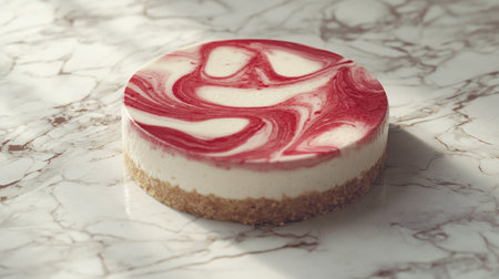 Cheesecake with red jelly on white marble table. Toned.の写真素材