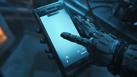 Robot hand holding smartphone with blank screen. 3d rendering.の素材