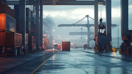 Industrial port with containers and cargo cranes at sunset. 3d renderingの写真素材